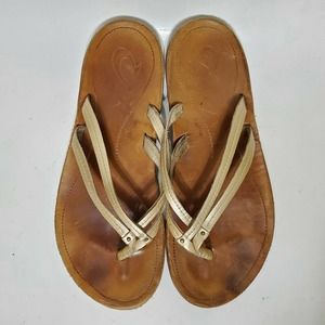Olukai U'i Ui Womens 8 Gold Leather Sandals Flip Flop Thongs Shoes